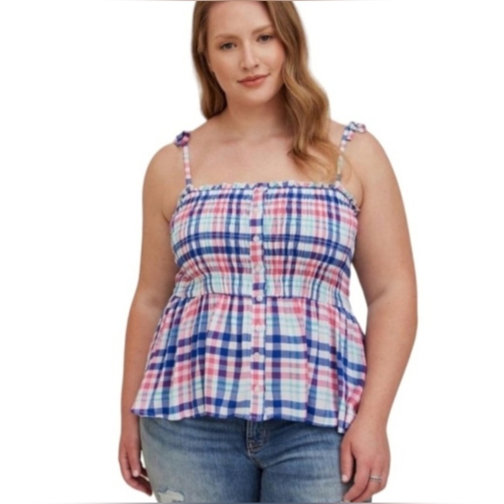 Torrid‎ Multicolor Plaid Smocked  Gauze Camisole 2x Nwt americana